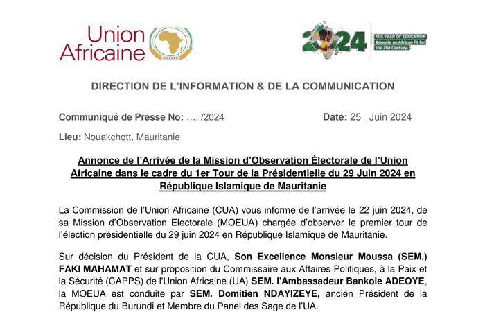 Annuncio dell’arrivo della missione di osservazione elettorale dell’Unione Africana nell’ambito del primo turno delle elezioni presidenziali del 29 giugno 2024 nella Repubblica islamica di Mauritania – Mauritania