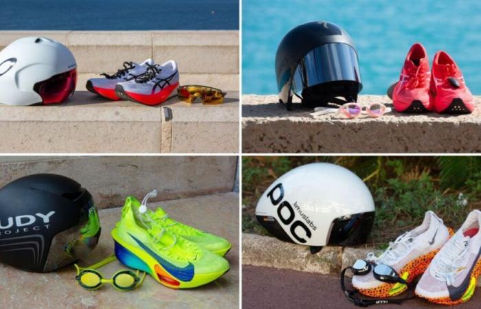 Gli occhiali, i caschi e le scarpe da corsa per il giorno della gara delle migliori atlete professioniste ai Campionati mondiali Ironman 2024 a Nizza – Triathlete