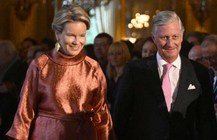 La regina Mathilde risplende in un abito color rame di Natan