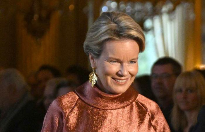 La regina Mathilde risplende in un abito color rame di Natan