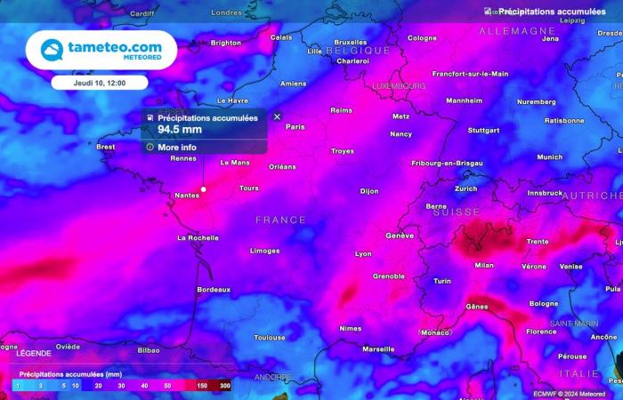 Precipitazioni eccezionali previste dalla prossima notte in Francia! Fino a 100 litri/m² in 24 ore!