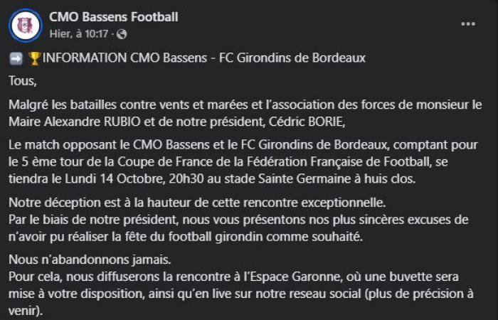 Coupe de France: comunicato stampa del CMO Bassens per la partita contro i Girondini