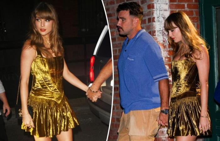 Taylor Swift indossa un corsetto e una gonna di velluto abbinati durante un appuntamento notturno a New York con Travis Kelce