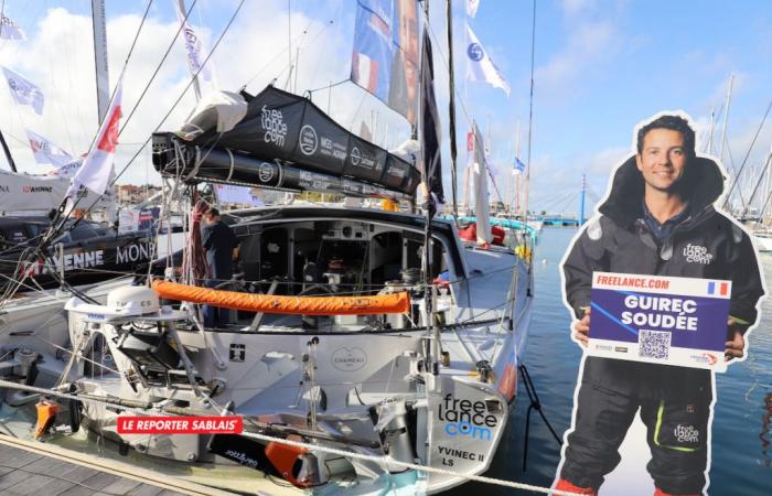 Globo della Vandea di Les Sables-d’Olonne. Gli skipper Jérémie Beyou e Guirec Soudée e le loro imoca sul pontone