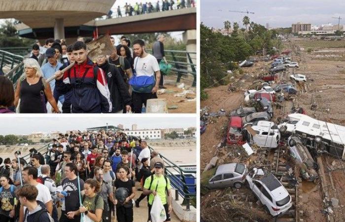 Centinaia di volontari camminano per chilometri da Valencia verso le zone più colpite armati di spazzole e secchi