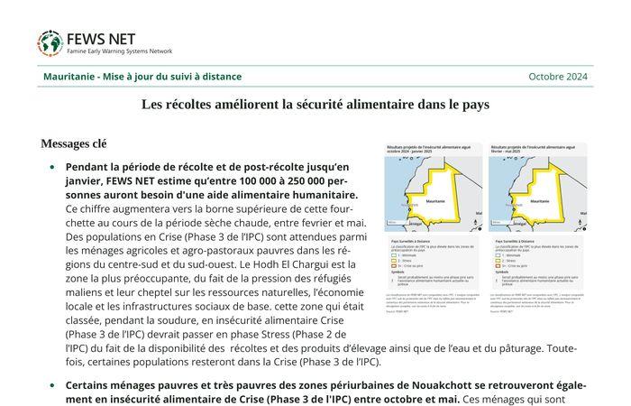 Mauritania Aggiornamento monitoraggio remoto ottobre 2024: i raccolti migliorano la sicurezza alimentare nel paese – Mauritania