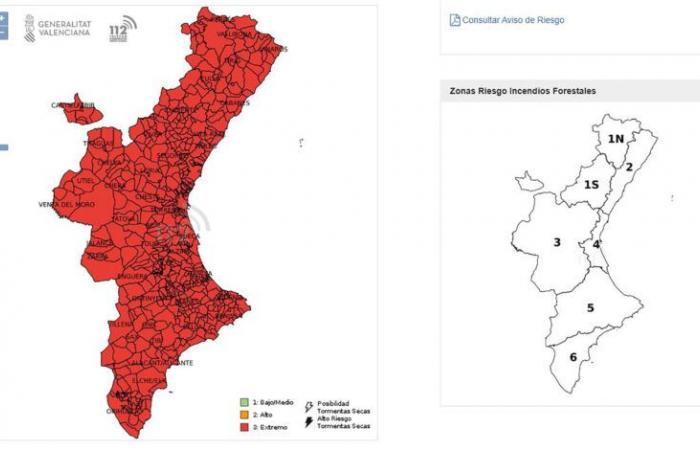 Il rischio estremo di incendi boschivi è accertato in tutta la Comunità Valenciana