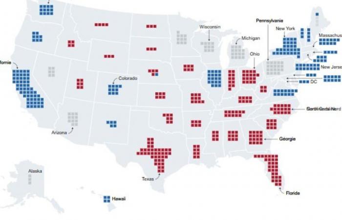 la mappa dei primi risultati delle elezioni americane tra Harris e Trump