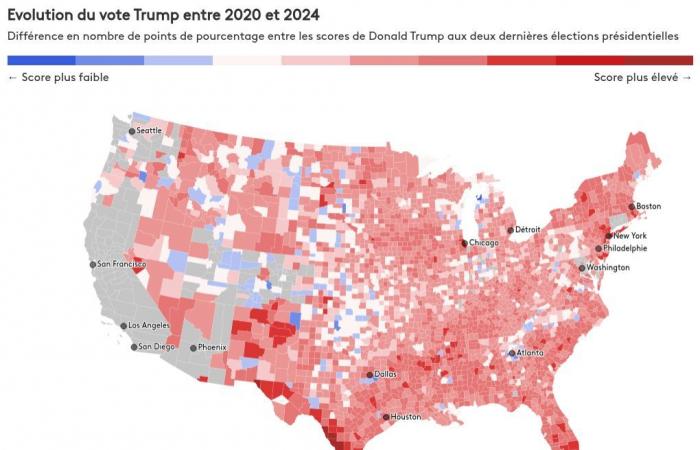 visualizzare l’evoluzione del voto per Donald Trump rispetto al 2020, contea per contea