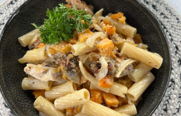 La ricetta della pasta cremosa con pollo arrosto e zucca di Jonathan Garnier