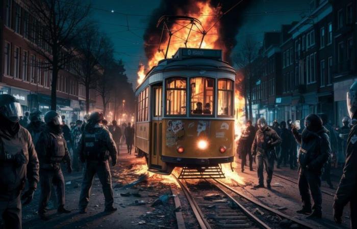 un tram bruciato durante gli scontri