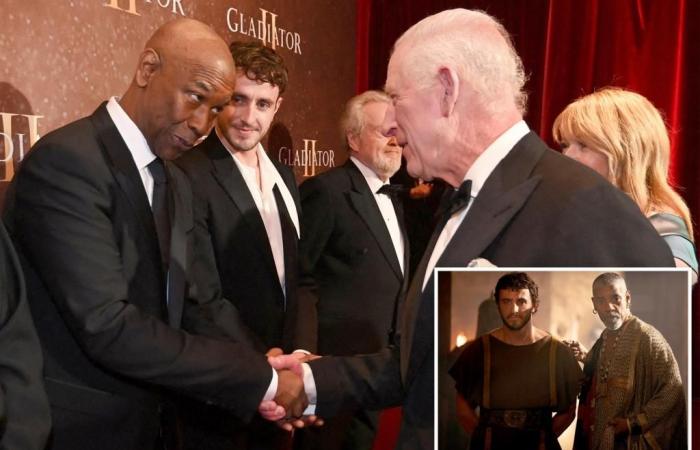 Denzel Washington fallisce nell’incontro con il re Carlo III alla première di “Il Gladiatore II”.