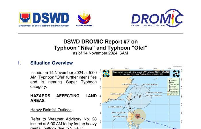 Rapporto DSWD DROMIC n. 7 sul tifone “Nika” e sul tifone “Ofel” del 14 novembre 2024, 6:00 – Filippine