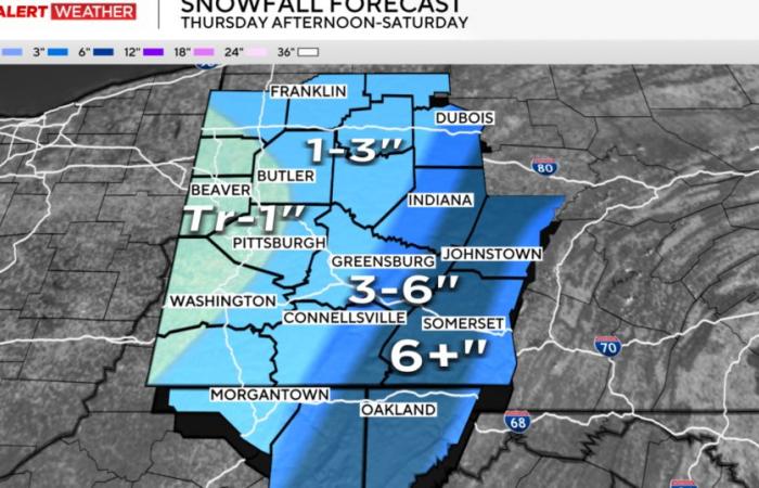 Sono previsti diversi centimetri di neve su parti della Pennsylvania sudoccidentale e del West Virginia settentrionale