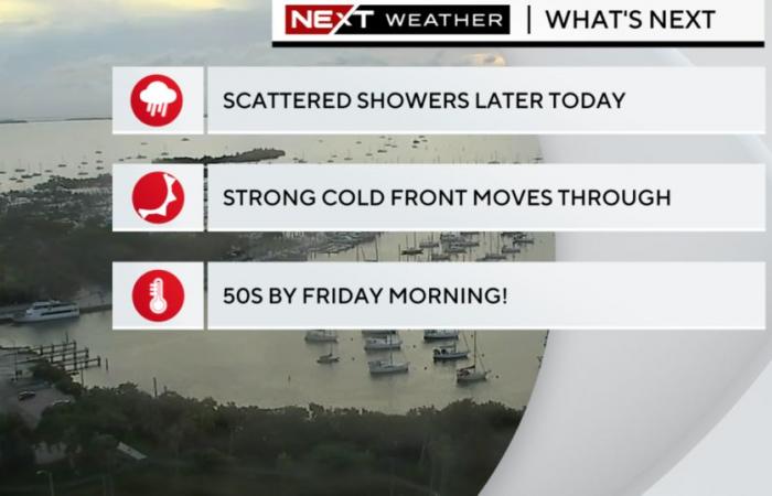Il fronte freddo si muove attraverso il sud della Florida, portando potenziali rovesci di pioggia sparsi e tempeste isolate