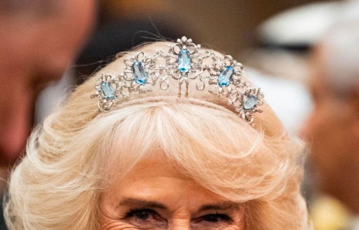 La Regina Camilla indossa la rarissima tiara acquamarina della Regina Elisabetta II per onorare il corpo diplomatico