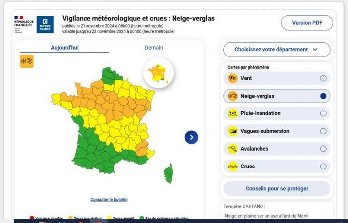 MAPPA. Tempesta invernale Caetano: venti violenti, pioggia e prime nevicate, Météo France passa 54 dipartimenti alla vigilanza arancione e 37 al giallo