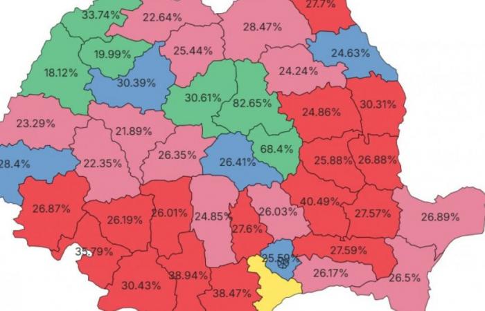 Come ha votato il Paese. Georgescu-Roegen ha vinto 13 contee, molti feudi del PNL. Ciolacu, in 16 contee, e Lasconi in cinque