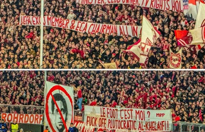 I tifosi del Bayern Monaco attaccano il presidente del Paris Saint-Germain Nasser Al-Khelaifi