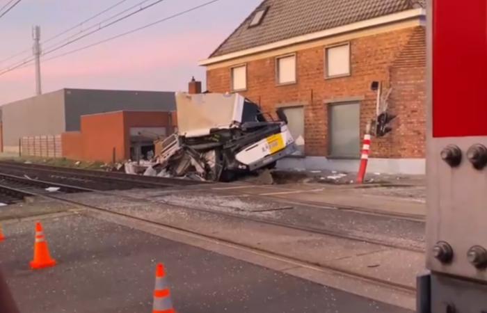 Disastro evitato per un soffio dal conducente: un autobus in panne al passaggio a livello investito da un treno (Foto)