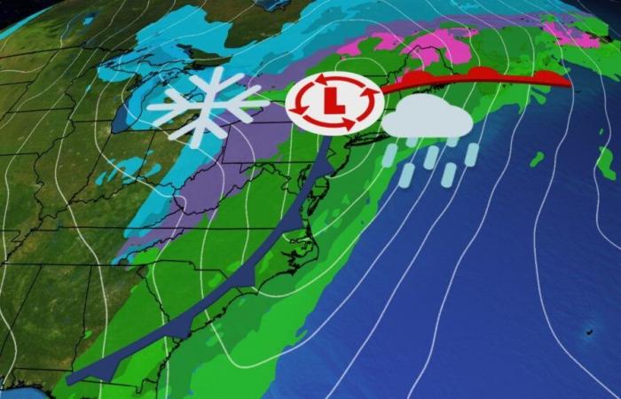 Tempesta orientale con forti piogge, vento e neve effetto lago