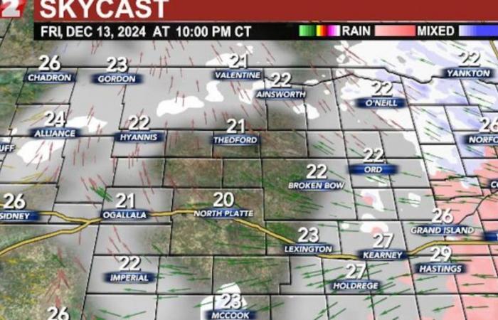 Cielo prevalentemente nuvoloso con possibilità di neve su tutto il Grande Nebraska