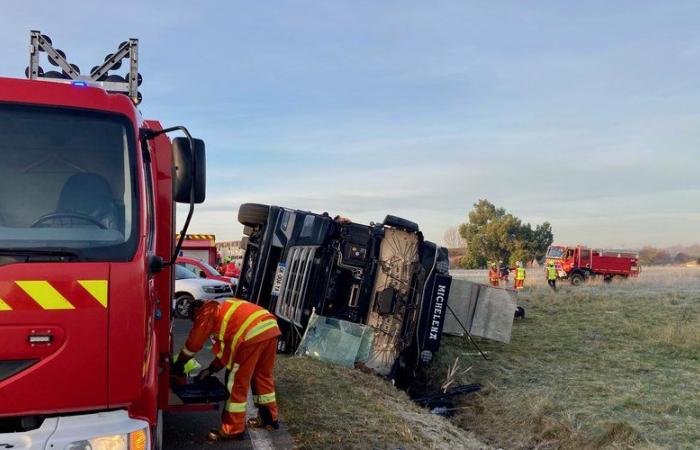 Operazione di salvataggio in corso nel Tarn per estrarre trenta mucche da un camion riverso su un fianco