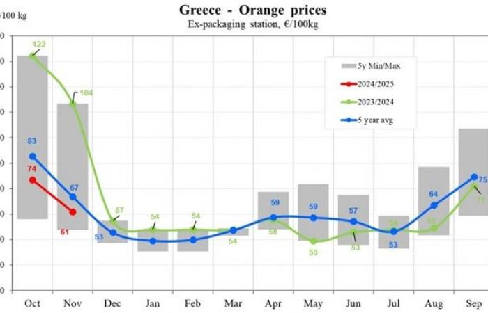 I prezzi delle arance oscillano, con un calo del 41% in Grecia e un aumento del 9% in Italia nel novembre 2024.