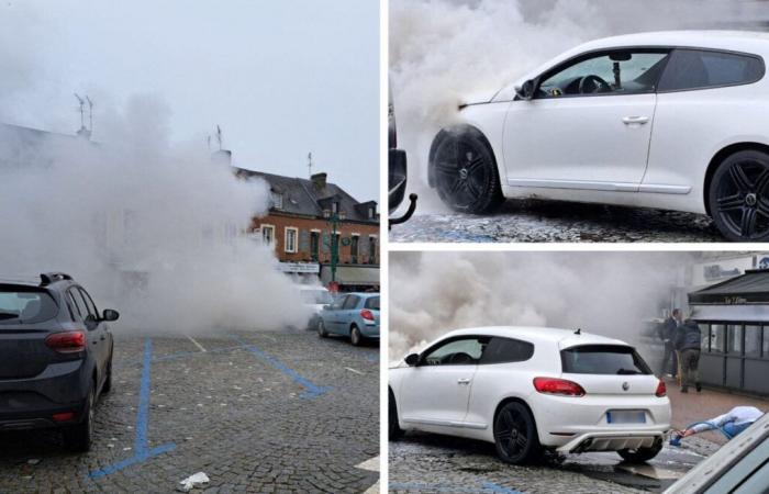 l'auto prende fuoco in centro città, intervengono i commercianti