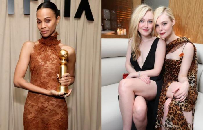 Zoe Saldaña indossa un abito velato in pizzo, Elle Fanning preferisce la stampa animalier e altri look after party dei Golden Globes 2025