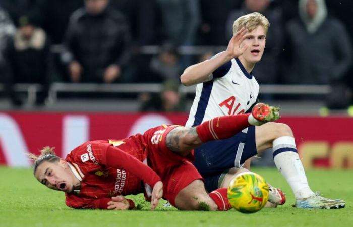 Arne Slot e Virgil van Dijk del Liverpool frustrati dopo che Lucas Bergvall del Tottenham è scappato dal rosso prima di segnare il vincitore