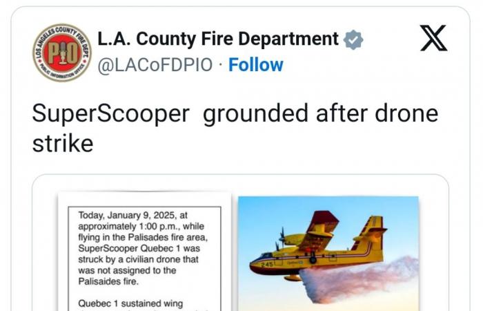 Aereo CL-415 danneggiato da un drone mentre combatteva grandi incendi in California