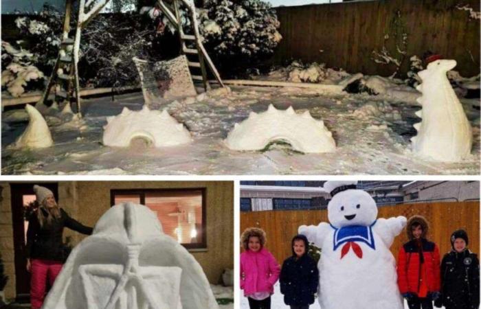 Nessie, Darth Vader e Ghostbusters Stay Puft Marshmallow Man tra i pupazzi di neve creati dalla mamma a Blackburn, West Lothian; La creazione del mostro di Loch Ness ha richiesto 3 ore