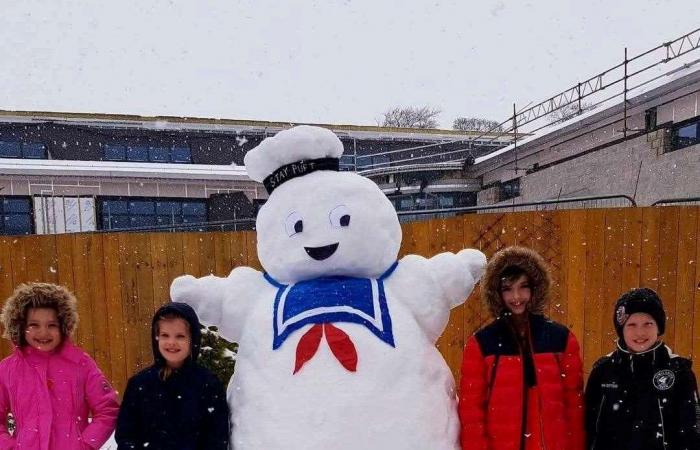 Nessie, Darth Vader e Ghostbusters Stay Puft Marshmallow Man tra i pupazzi di neve creati dalla mamma a Blackburn, West Lothian; La creazione del mostro di Loch Ness ha richiesto 3 ore