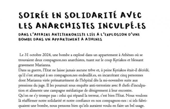 Serata di solidarietà con gli anarchici incriminati nel caso antiterrorismo legato all’esplosione di una bomba in un appartamento di Atene.