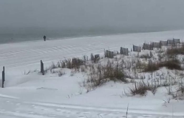 Guarda la neve sulla spiaggia mentre la tempesta invernale si abbatte sulla costa del Golfo