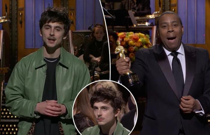 Timothee Chalamet prende in giro i fallimenti degli spettacoli di premiazione mentre l’attore fa il doppio dovere in “SNL”